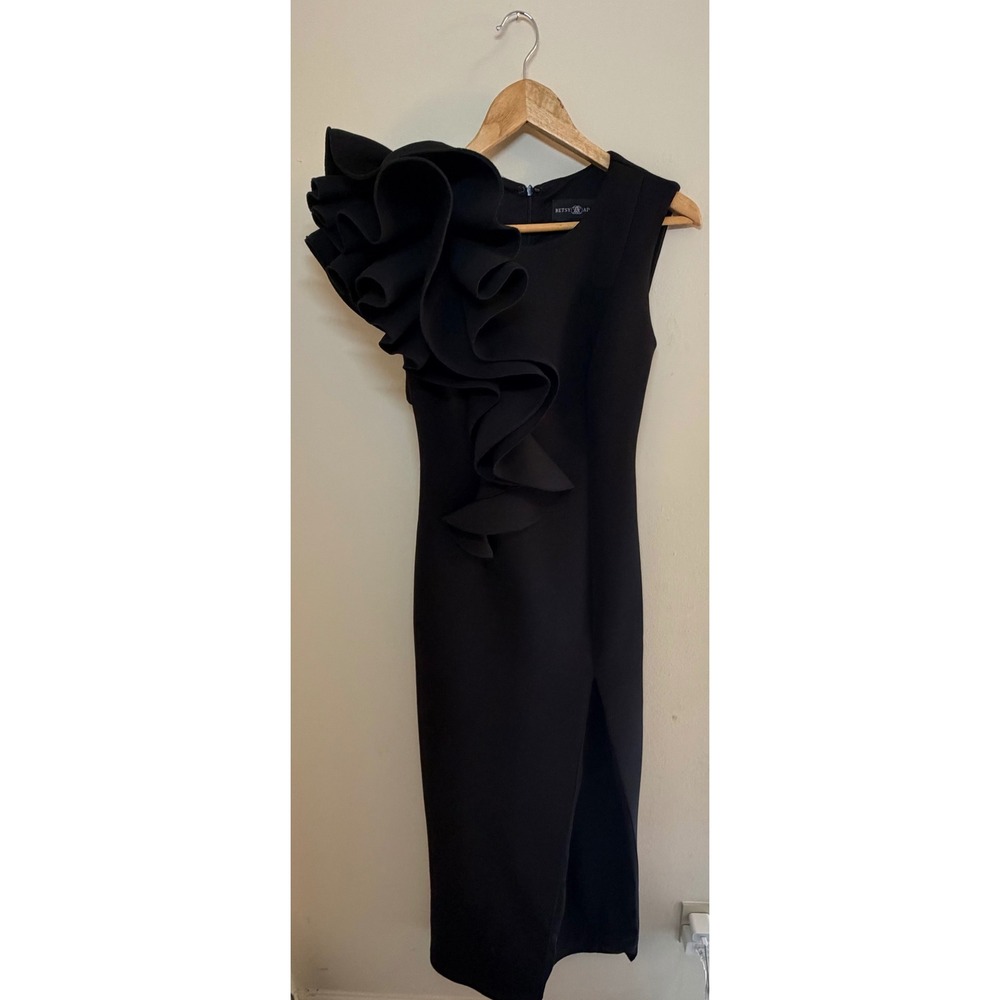 Betsy & Adam Black Scuba Ruffle Shoulder Maxi Dress Side Slit Size 2 Formal Gown - Picture 8 of 9